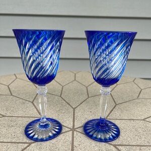 2 Cristal D'Arques Durand VALSE Cut to Clear Cobalt Water/Wine Glass Goblet